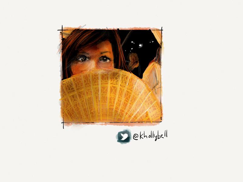 Digital watercolor and pencil portrait of a woman peeking behind an ornate yellow fan, covering the lower part of her face.