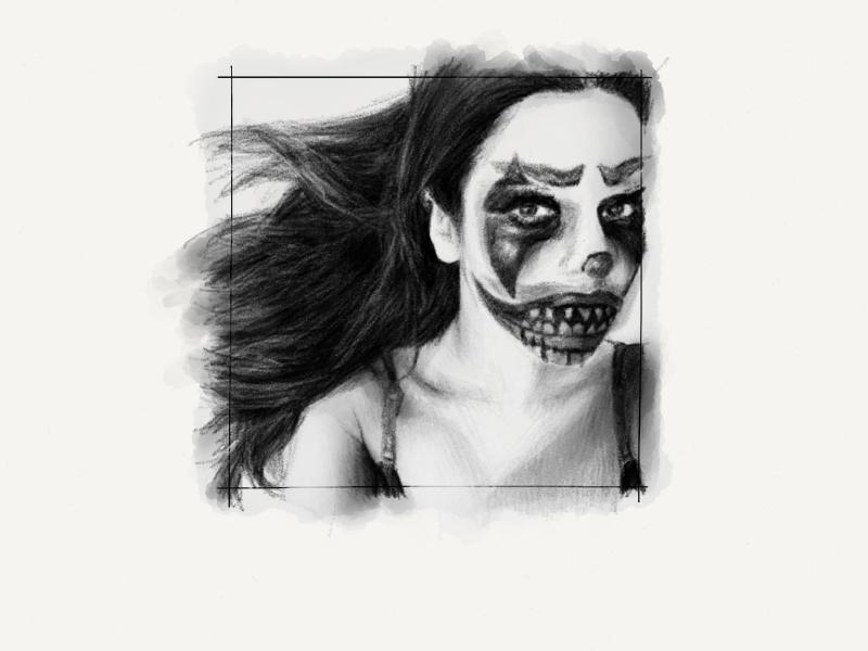 Black and white digital watercolor and pencil portrait of a woman with long hair blowing in the wind, wearing scary clown makeup with pointy teeth.