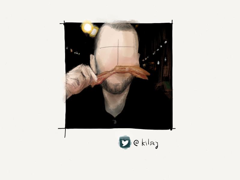 Digital watercolor and pencil portrait of a faceless man holding a strip of bacon up to his face in place of his mouth.