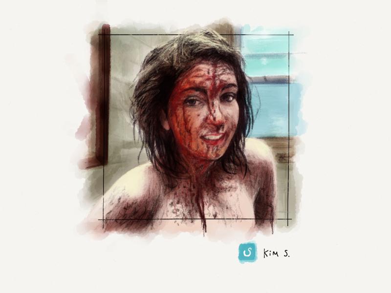 Digital watercolor and pencil portrait of a topless woman with bloody dripping down her hair, face, and chest as she stands in a bathroom looking tired.