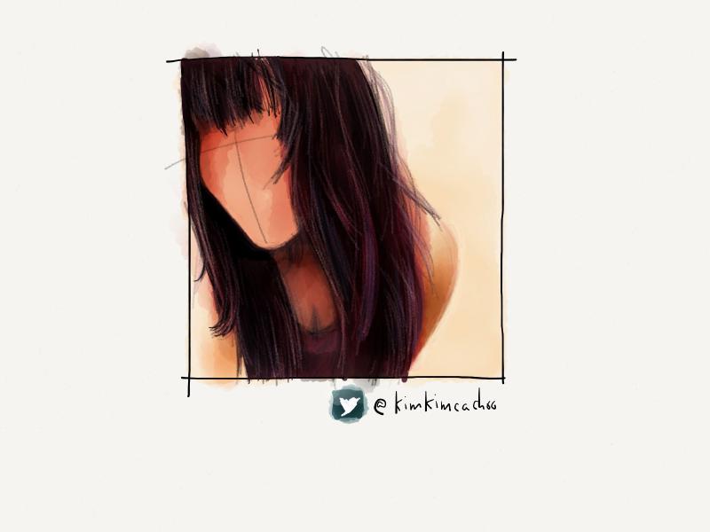 Digital watercolor and pencil portrait of a faceless woman with dark hair, purple highlights, and bangs, leaning forward with her arms at her side.