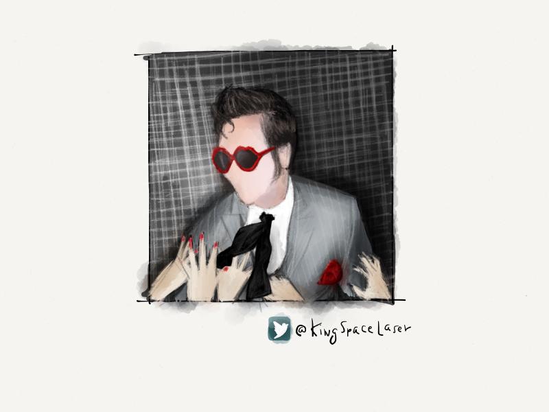 Digital watercolor and pencil portrait of a faceless man with pompadour and long sideburns, wearing red sunglasses shaped as lips, in a gray suit, as the hands of woman pull at his tie.