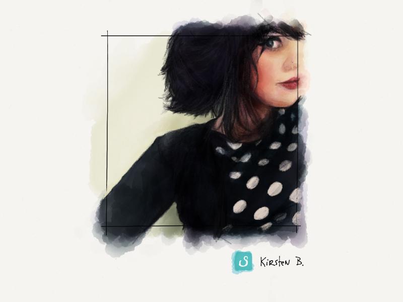 Digital watercolor and pencil portrait of a woman with rosey cheeks, looking to her right, wearing a black and white polka dot shirt and cardigan.