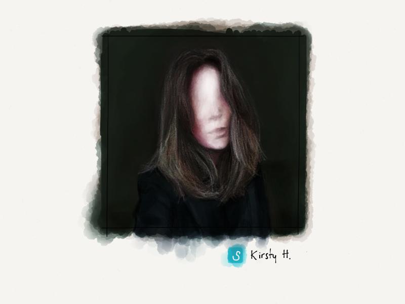 Digital watercolor and pencil portrait of a faceless woman with long hair tossed forward as she stands in a dark room.
