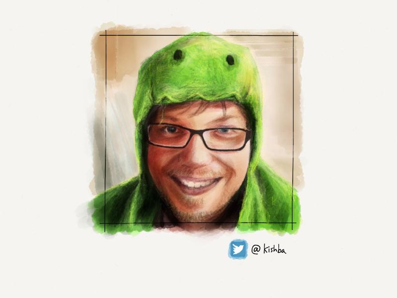 Digital watercolor and pencil portrait of a smiling, bearded man, wearing glasses and a neon green hoodie pulled over his head that looks like a frog face.