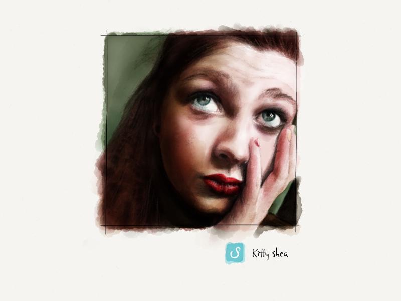 Digital watercolor and pencil portrait of a woman with bright red lips resting her face in her left hand as she looks upwards.