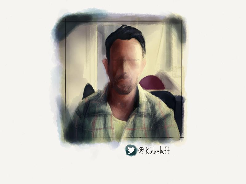 Digital watercolor and pencil portrait of a faceless man with dark hair and stubble, wearing a flannel shirt in a restaurant.