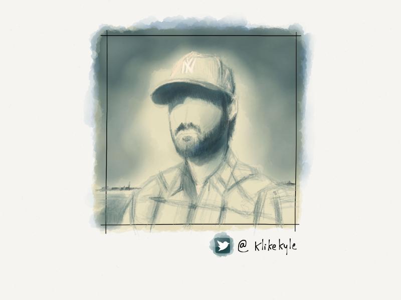 Digital watercolor and pencil portrait of a faceless man with a beard, wearing a Yankees baseball cap outside. Painted in muted tones of blue and yellow.