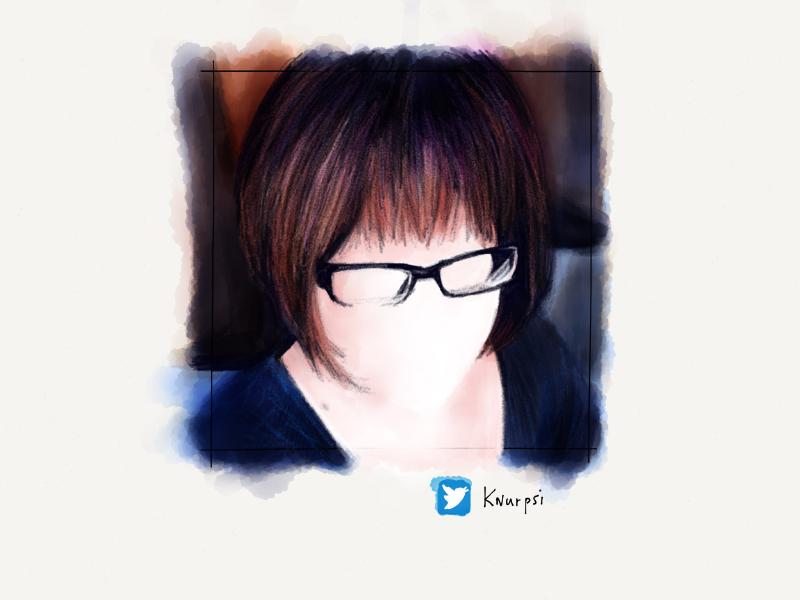 Digital watercolor and pencil portrait of a faceless woman with a bob cut, wearing glasses, and looking downwards.