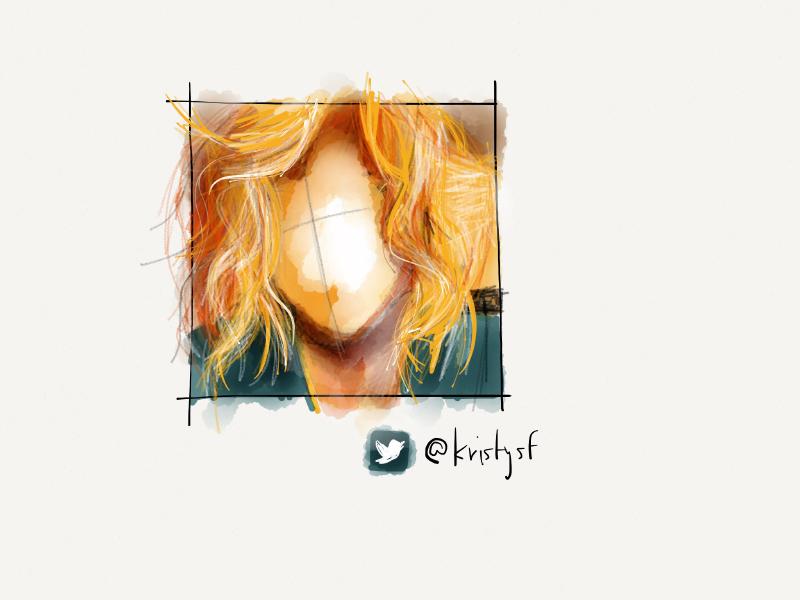 Digital watercolor and pencil portrait of a faceless woman with wild orange and yellow hair.