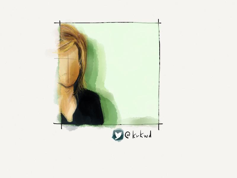Digital watercolor and pencil portrait of a faceless man with long blonde hair standing mostly out of frame against a lime green wall.