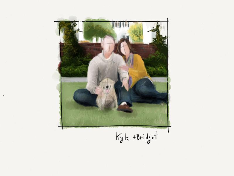 Digital watercolor and pencil portrait of a faceless couple and their small dog, posing outside of a brick wall on the grass.