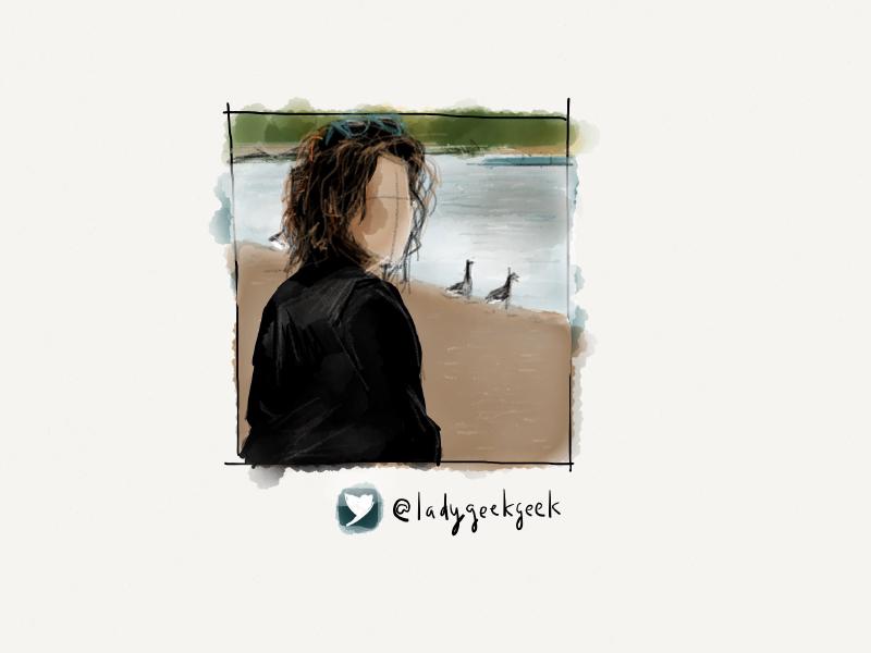 Digital watercolor and pencil portrait of a faceless woman with curly hair, blue sunglasses resting on her head, looking over her shoulder as geese walk on the beach in front of her.