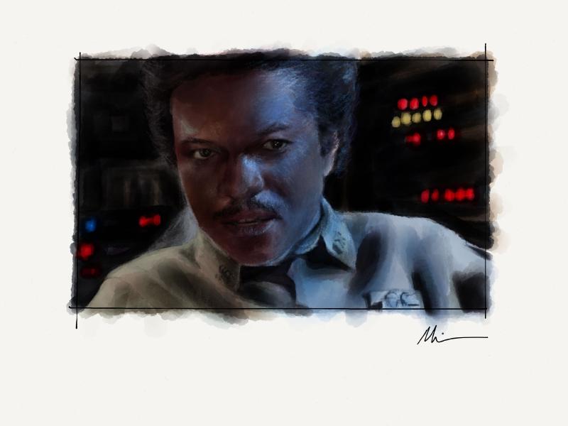Digital watercolor and pencil portrait of Lando commanding the Millenium Falcon from a scene in Star Wars Return of the Jedi.