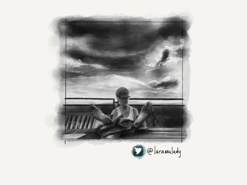 Black and white digital watercolor and pencil portrait of a faceless figure wearing glasses and a white tank top outside, with their feet up as imposing storm clouds approach from behind.