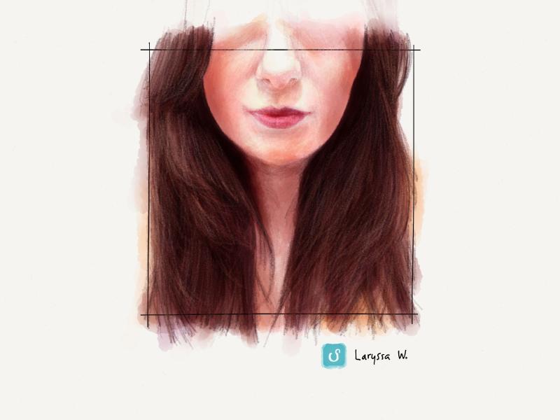 Digital watercolor and pencil portrait of a woman with long brown hair filling the frame. Only her nose, red lips, jaw, and neck are visible.