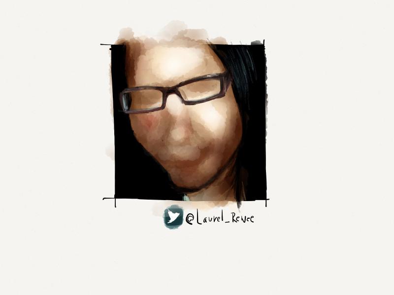 Digital watercolor and pencil portrait of a faceless woman with black hair wearing brown framed glasses.