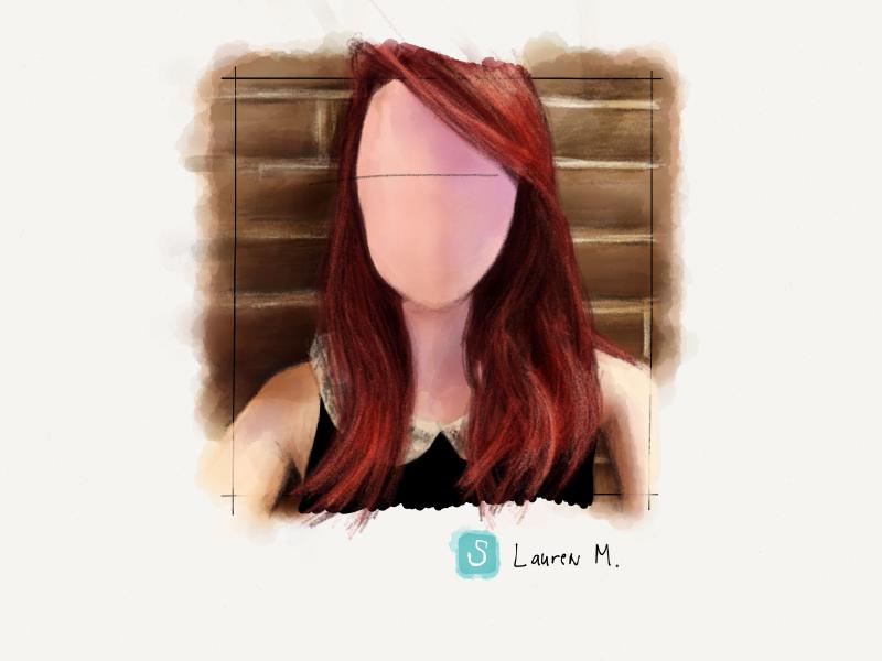 Digital watercolor and pencil portrait of a faceless woman with red hair, pale skin, and wearing a black sleeveless dress with white collar, stands in front of a brick wall. A single black pencil mark crosses through her eyes.