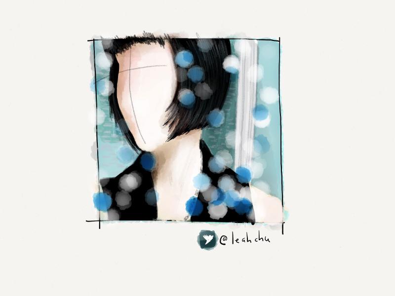 Digital watercolor and pencil portrait of a faceless woman with jet black hair and bangs, covered in a bokeh of ice colored lights.