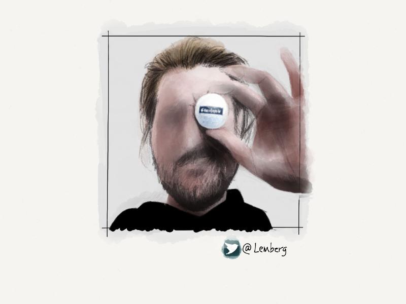 Digital watercolor and pencil portrait of a faceless man holding a golf ball with a Facebook logo on it up to his eye.