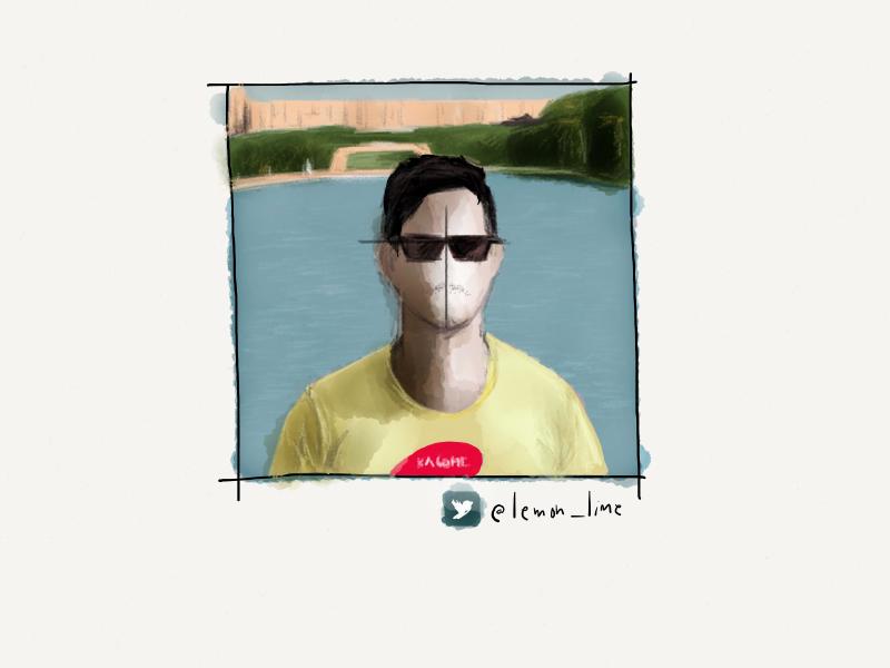 Digital watercolor and pencil portrait of a faceless man wearing sunglasses and a yellow shirt outside by a pond.