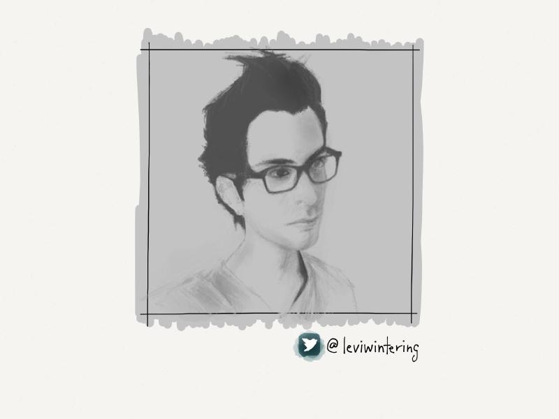 Grayscale digital watercolor and pencil portrait of a clean shaven man with dark hair poofed up, wearing glasses and a v-neck shirt.