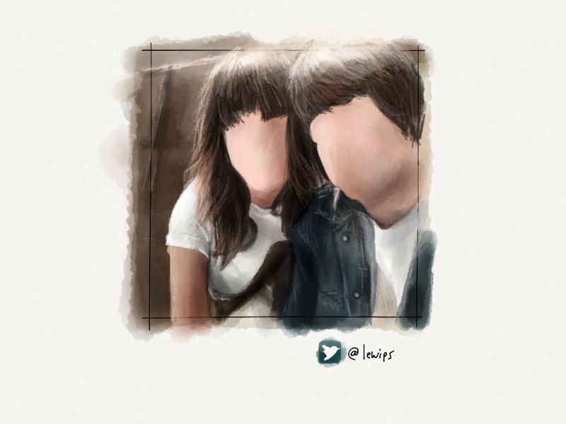 Digital watercolor and pencil portrait of a faceless woman and man wearing a jean jacket sitting close with their heads resting on each other. The sun lights the tips of their hair from behind.
