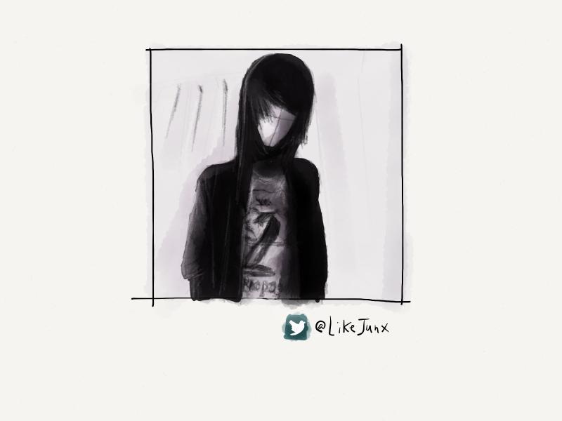 Black and white digital watercolor and pencil portrait of a faceless young man with his hoodie up over his head, side swept hair, and looking emo.