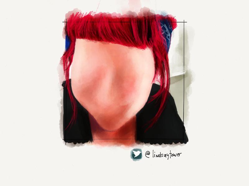 Digital watercolor and pencil closeup portrait of a faceless woman with red bangs, wearing a blue bandana wrapped around her head.