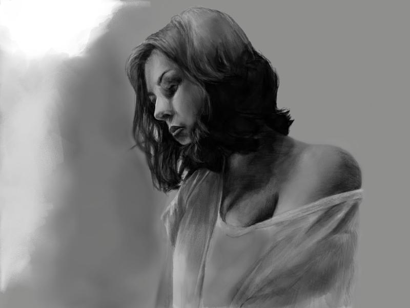 Black and white digital watercolor and pencil portrait of a woman from the side revealing her left shoulder as she looks downward in thought.