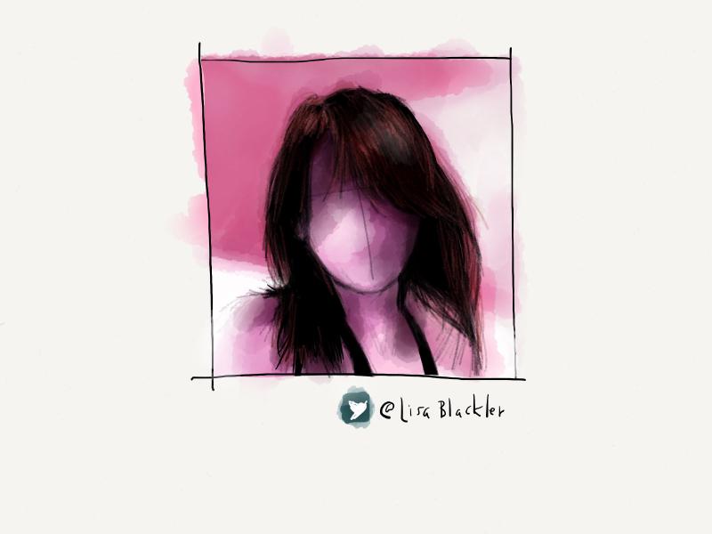 Digital watercolor and pencil portrait of a faceless woman painted in pink and black.