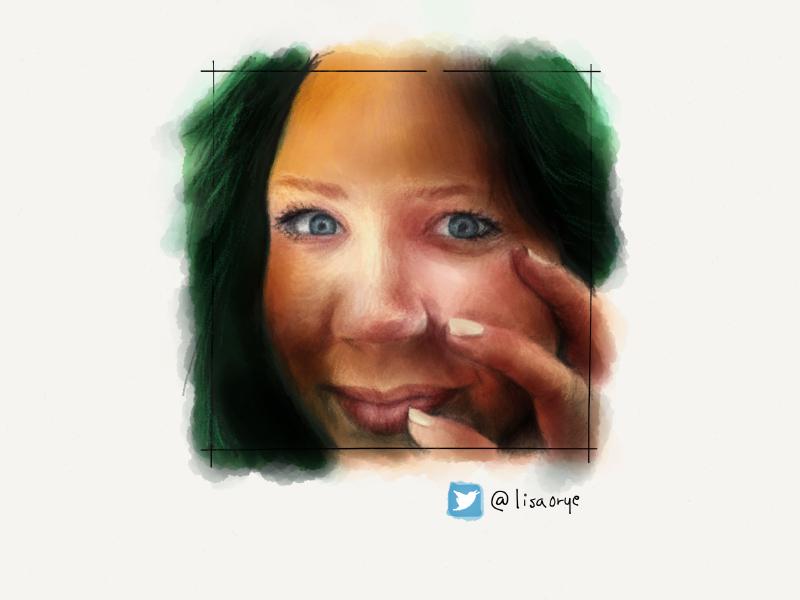 Digital watercolor and pencil portrait of a woman with green hair holding her fingers to her cheek as a ray of light illuminates her blue eyes.