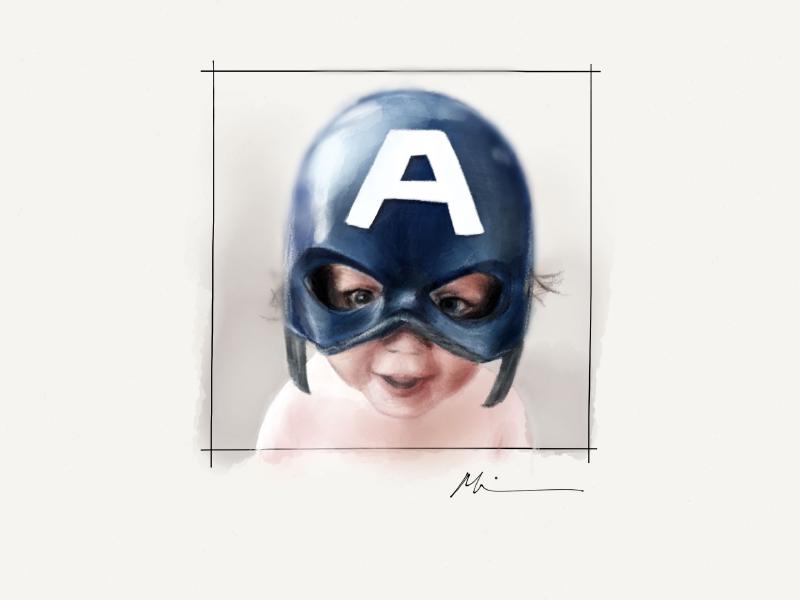Digital watercolor and pencil portrait of a small child dressed as Captain America wearing a blue mask adorned with a white A.