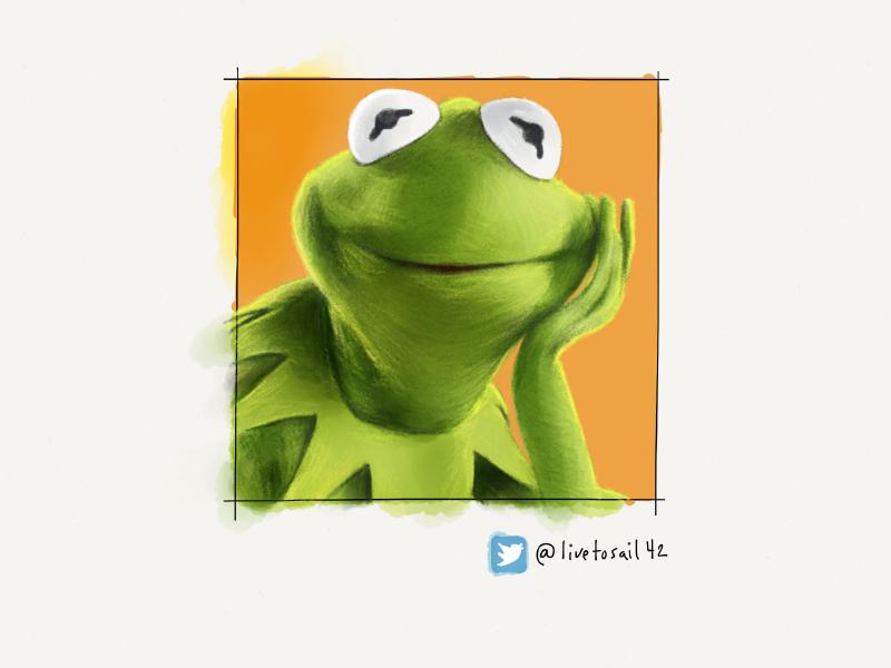 Digital watercolor and pencil portrait of Kermit the frog, resting his hand on his chin looking at the viewer. Background painted in a yellow-orange.