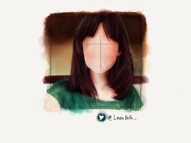 Digital watercolor and pencil portrait of a faceless woman with brown hair, bangs, highlights, and wearing a green shirt.