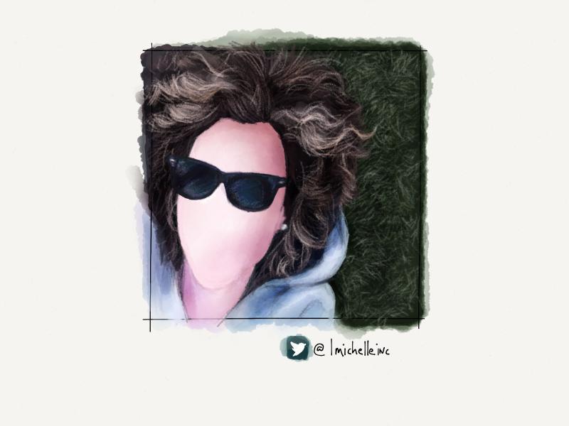 Digital watercolor and pencil portrait of a faceless woman viewed from above, curly hair spread, and hooded sweatshirt spread on the grass, wearing sunglasses and pearl earrings.
