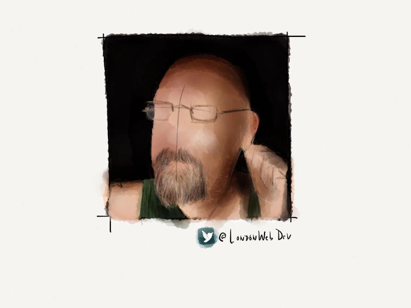 Digital watercolor and pencil portrait of a faceless bald man with a goatee, tugging at his left earlobe.