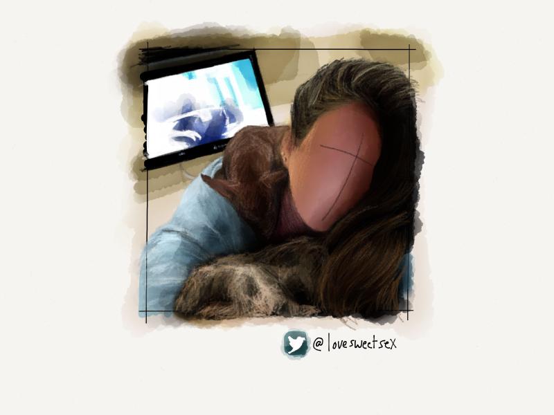 Digital watercolor and pencil portrait of a faceless woman with long hair draped in front of her face as she rests in a pile of blankets. A television screen is on behind her.