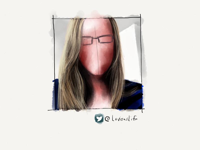 Digital watercolor and pencil portrait of a faceless blonde woman wearing rectangular glasses and a blue-black striped shirt.