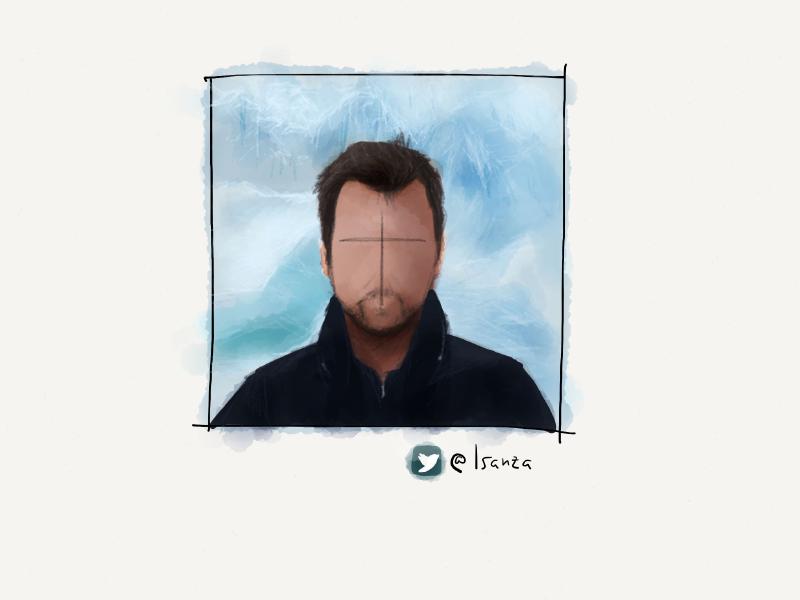 Digital watercolor and pencil portrait of a faceless man with a goatee, wearing a dark blue coat outside.