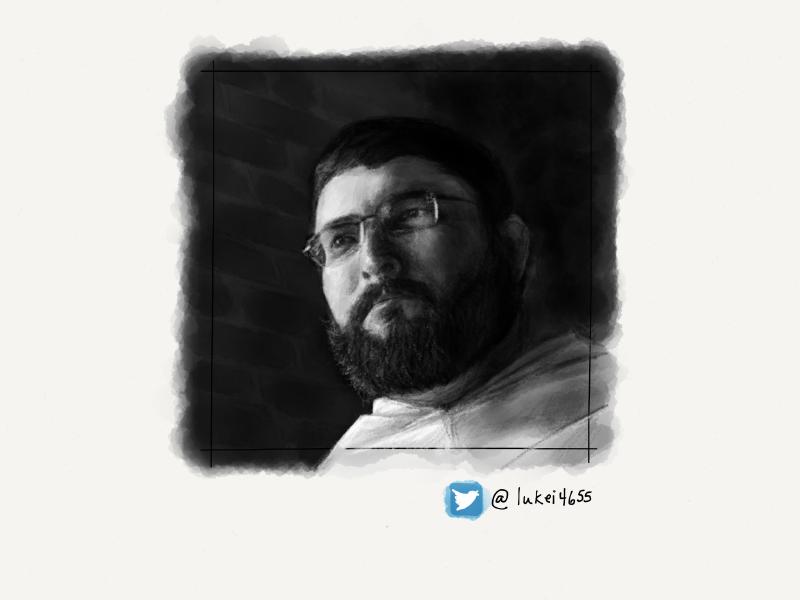 Grayscale digital watercolor and pencil portrait of a man wearing glasses and a tidy beard, viewed from an angle with a brick wall behind him.