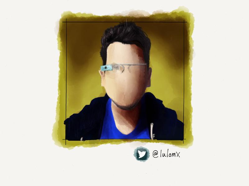 Digital watercolor and pencil portrait of a faceless man with tall dark hair, wearing Google Glass, a blue shirt and hoodie against a yellow background.