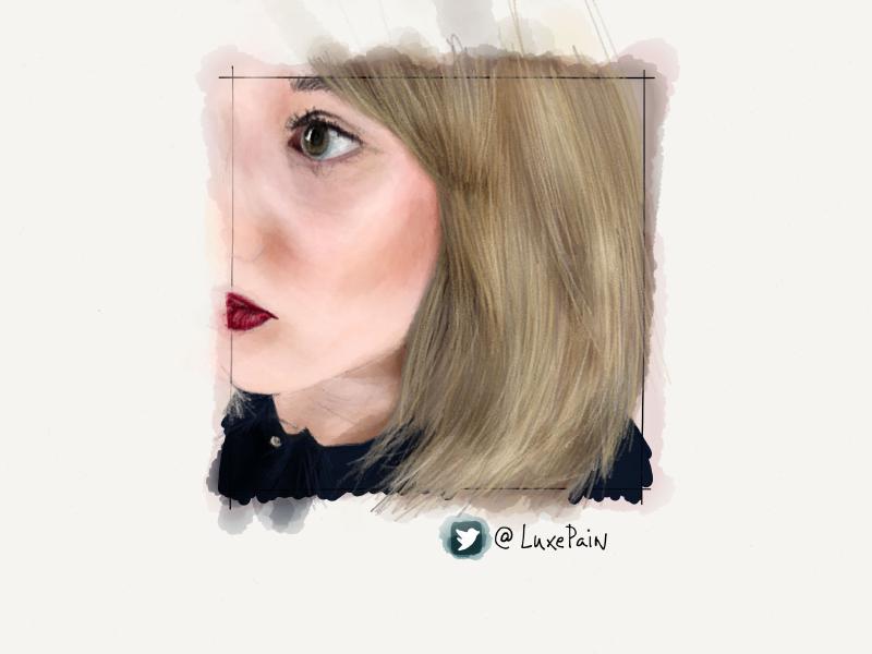 Digital watercolor and pencil portrait of a blonde woman's face. Cropped to show her left eye, red lips and blue collared blouse.