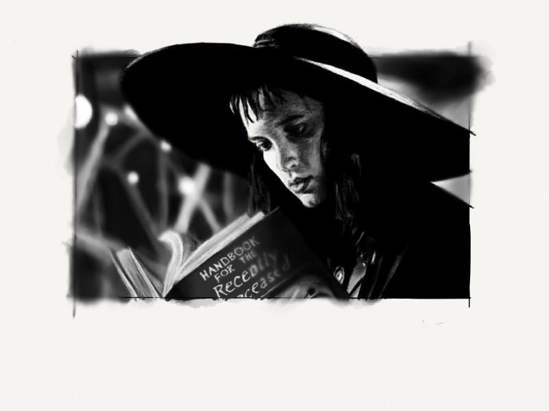 Black and white digital watercolor and pencil portrait of Lydia Deetz from Beetlejuice. She is dressed in black, wearing a large hat and reading the Handbook for the Recently Deceased with a slight bokeh behind her.