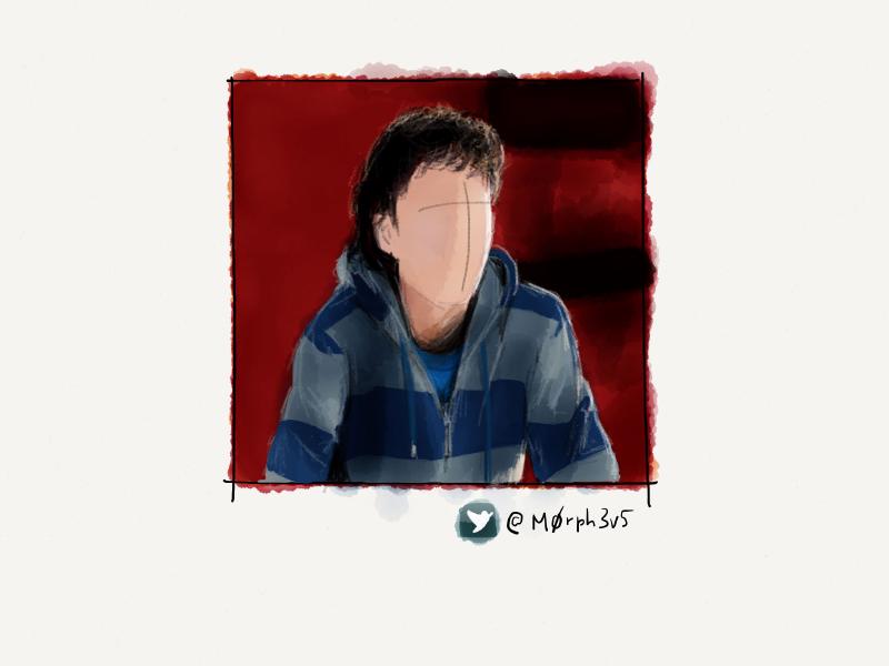 Digital watercolor and pencil portrait of a faceless man wearing a blue and gray striped hoodie, sitting in front of a red wall.