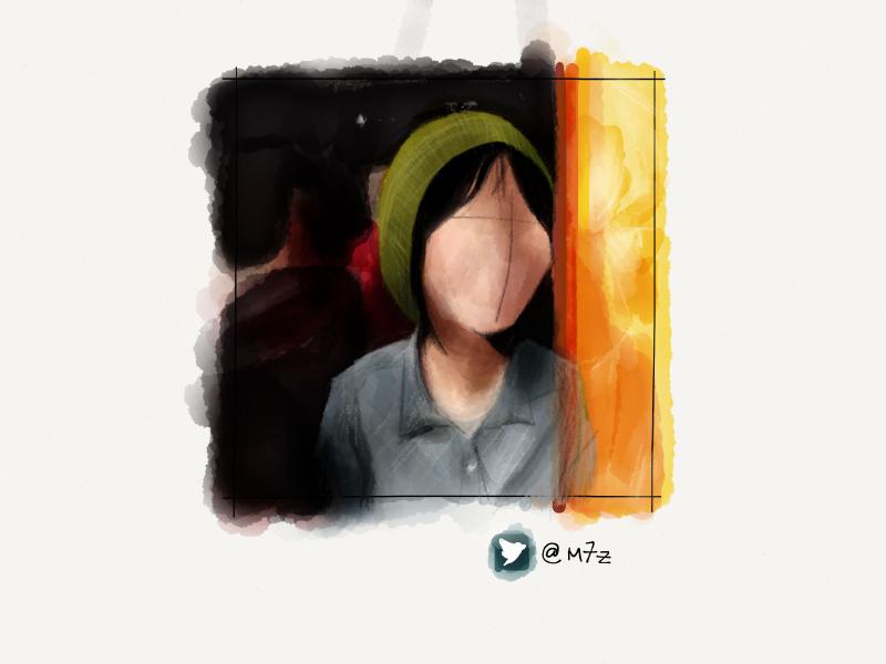 Digital watercolor and pencil portrait of a faceless woman wearing an olive green hat and gray shirt while resting against an orange wall.
