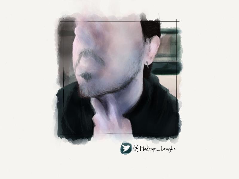 Digital watercolor and pencil portrait of a faceless man with short beard scratching his neck.