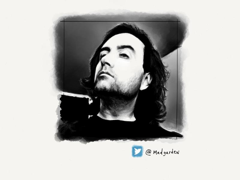 Black and white digital watercolor and pencil portrait of a long haired man with his head tilted back.