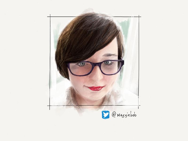 Digital watercolor and pencil portrait of a short haired girl wearing large round purple glasses and red lipstick.