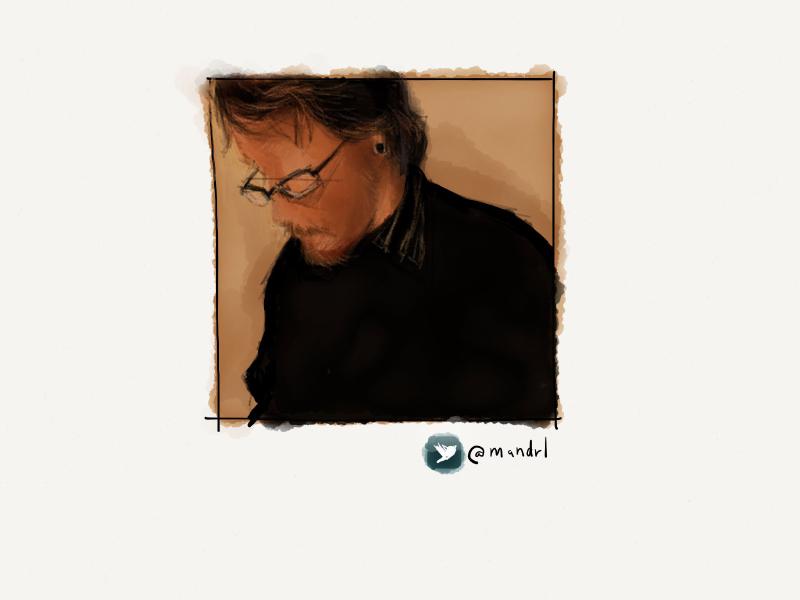 Digital watercolor and pencil portrait of a faceless man wearing glasses and a short beard, as he looks down. Painted in light browns and oranges.